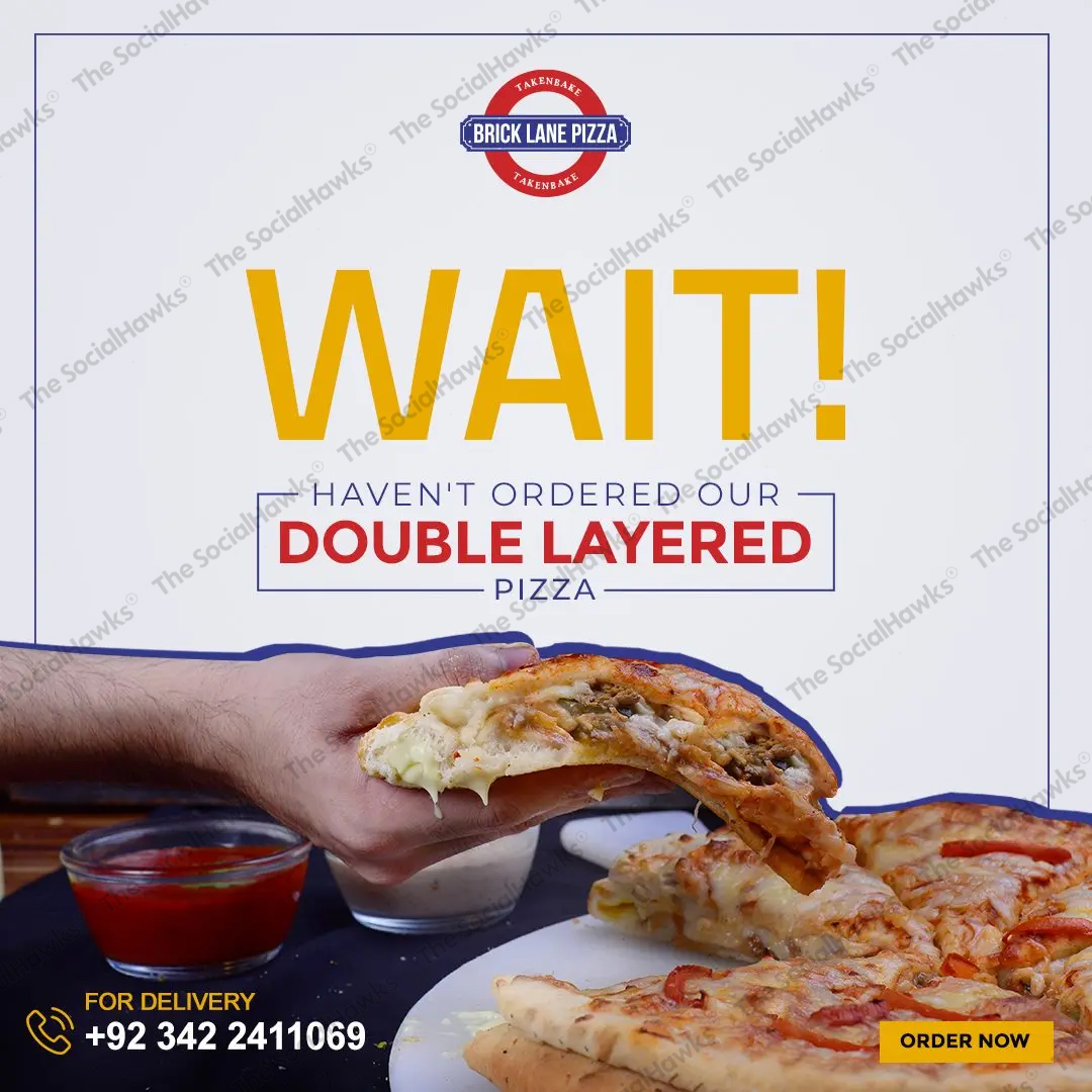 Brick Lane Pizza double layered pizza ad with hand holding cheesy pizza slice